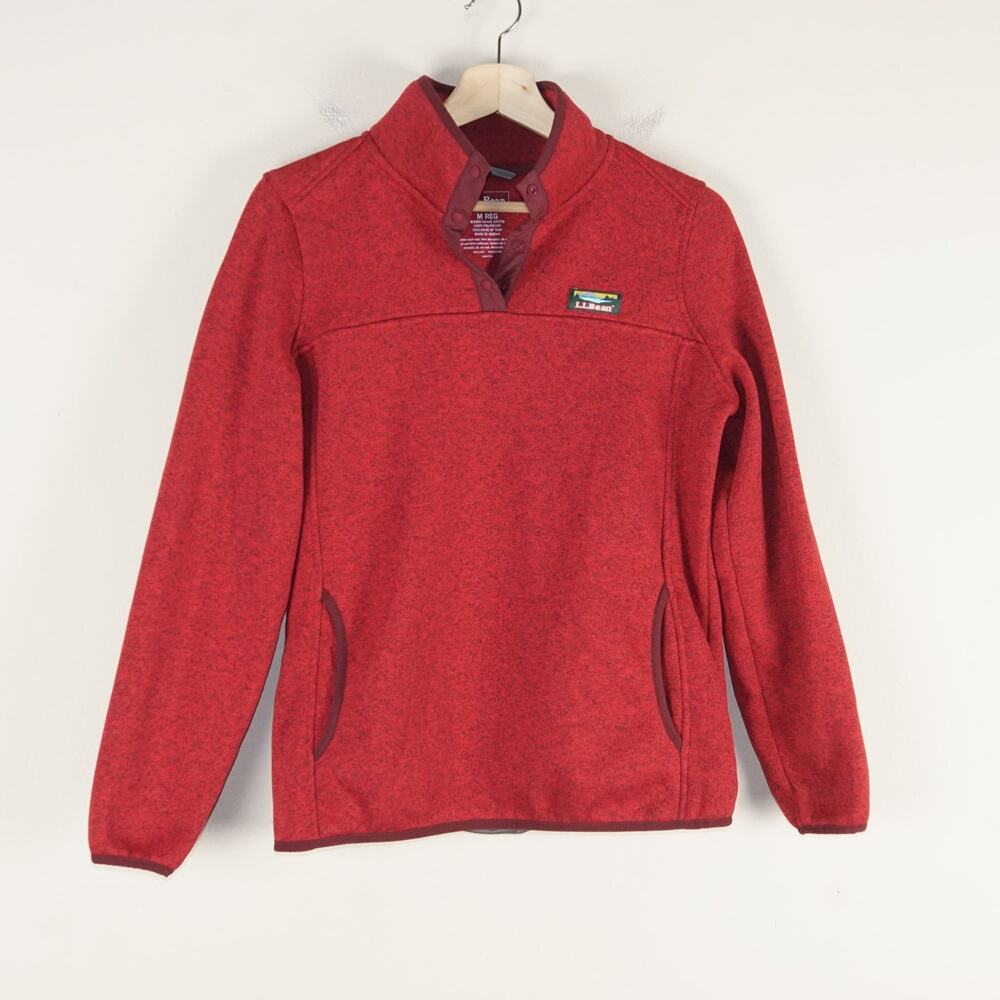 LL Bean Sweater Fleece Red Pullover Snap Button Womens Sz M